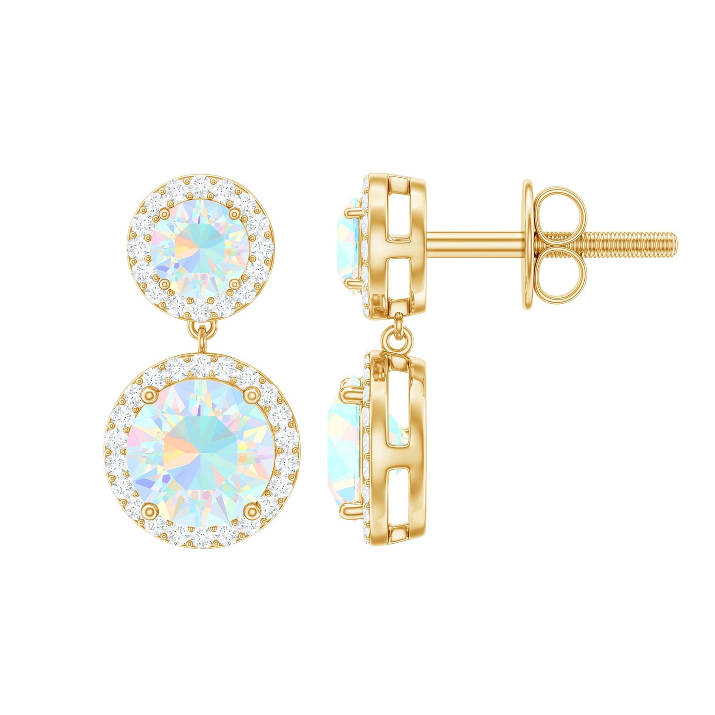 Round Ethiopian Opal and Diamond Halo Dangle Earrings