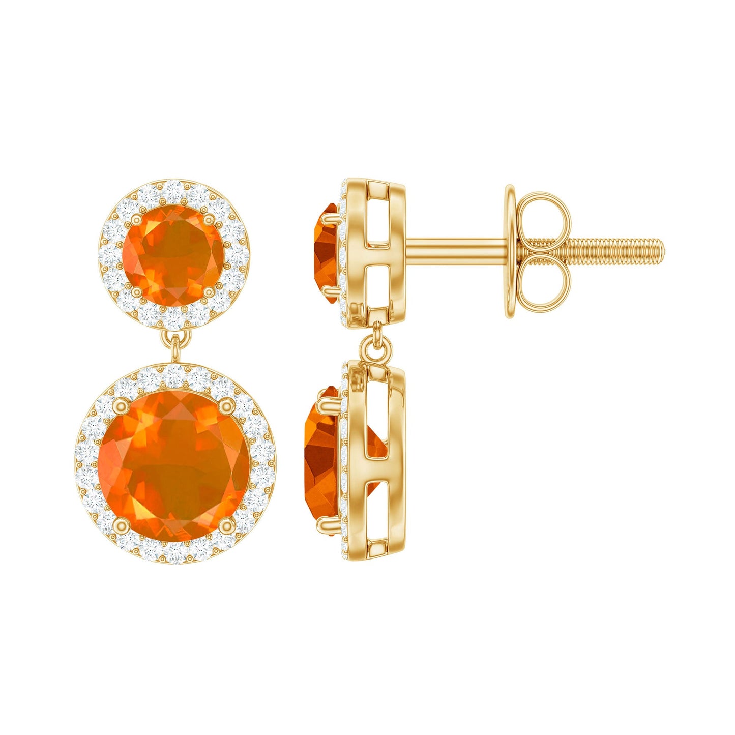 Natural Fire Opal and Diamond Halo Dangle Earrings