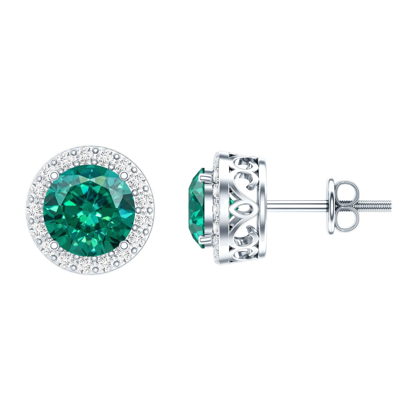 Created Emerald and Diamond Classic Halo Stud Earrings