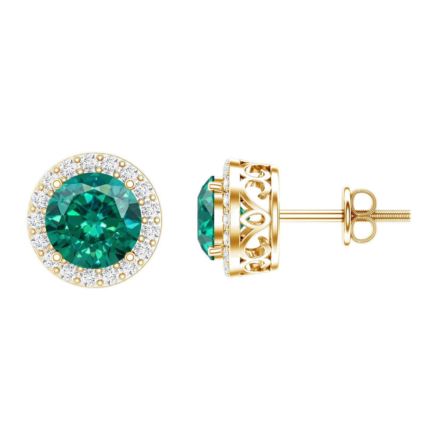Created Emerald and Diamond Classic Halo Stud Earrings