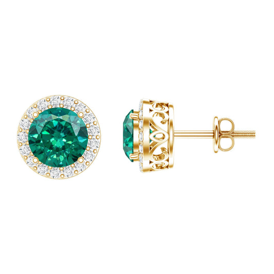 Created Emerald and Diamond Classic Halo Stud Earrings