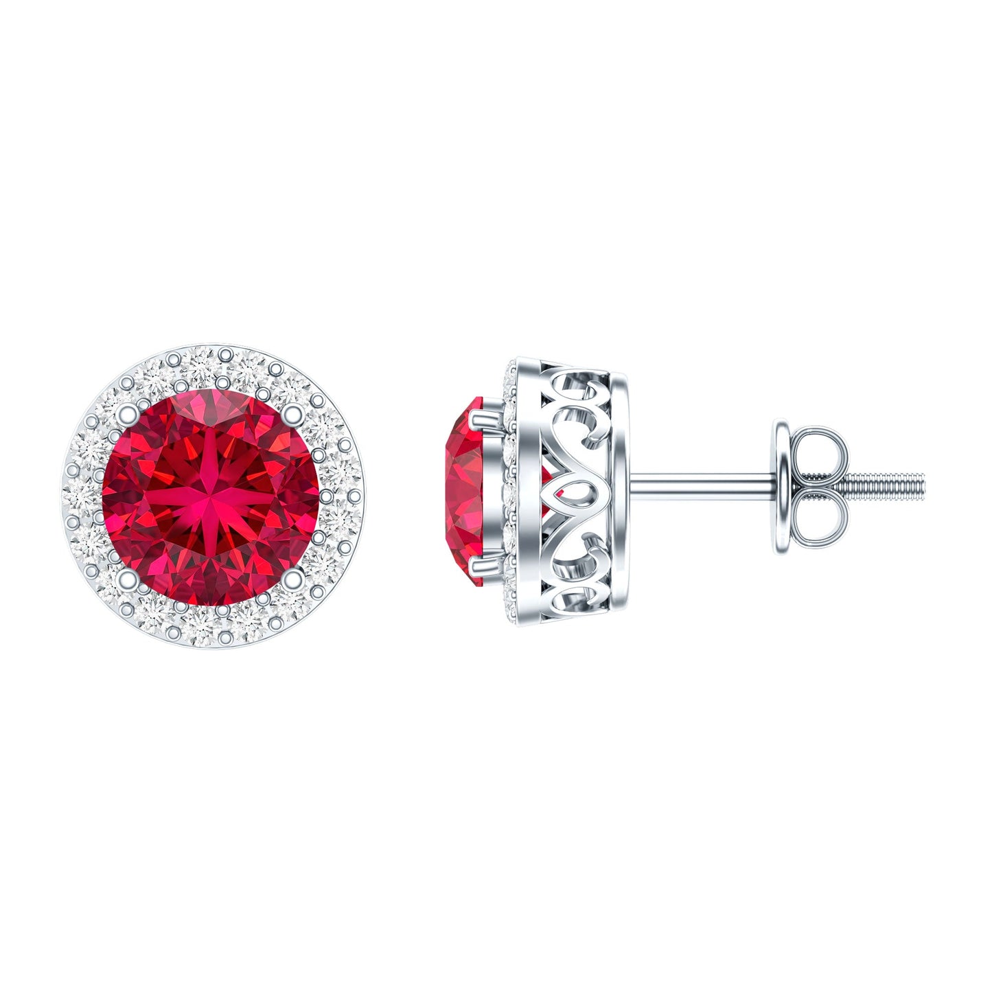 Created Ruby and Diamond Classic Halo Stud Earrings