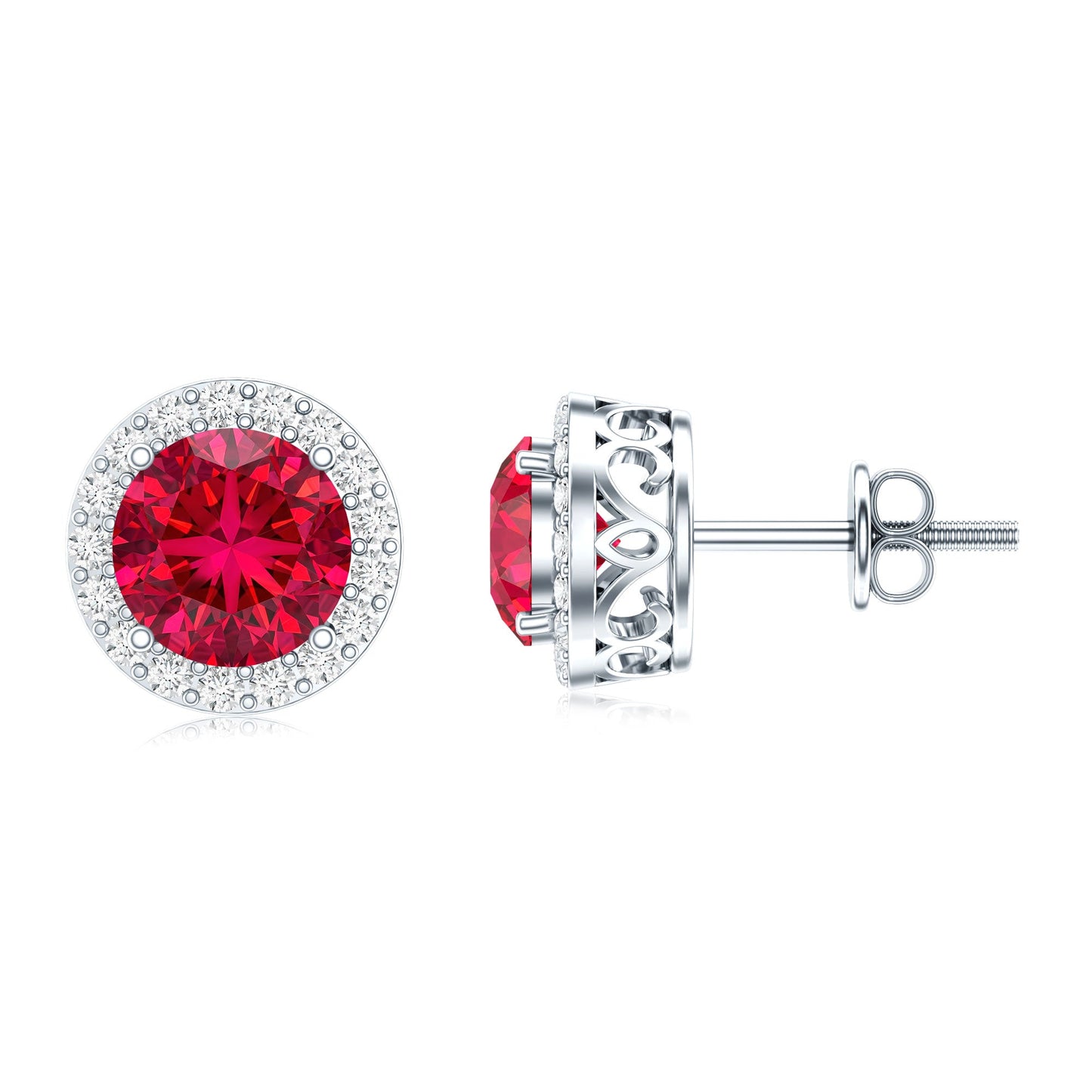 Created Ruby and Diamond Classic Halo Stud Earrings