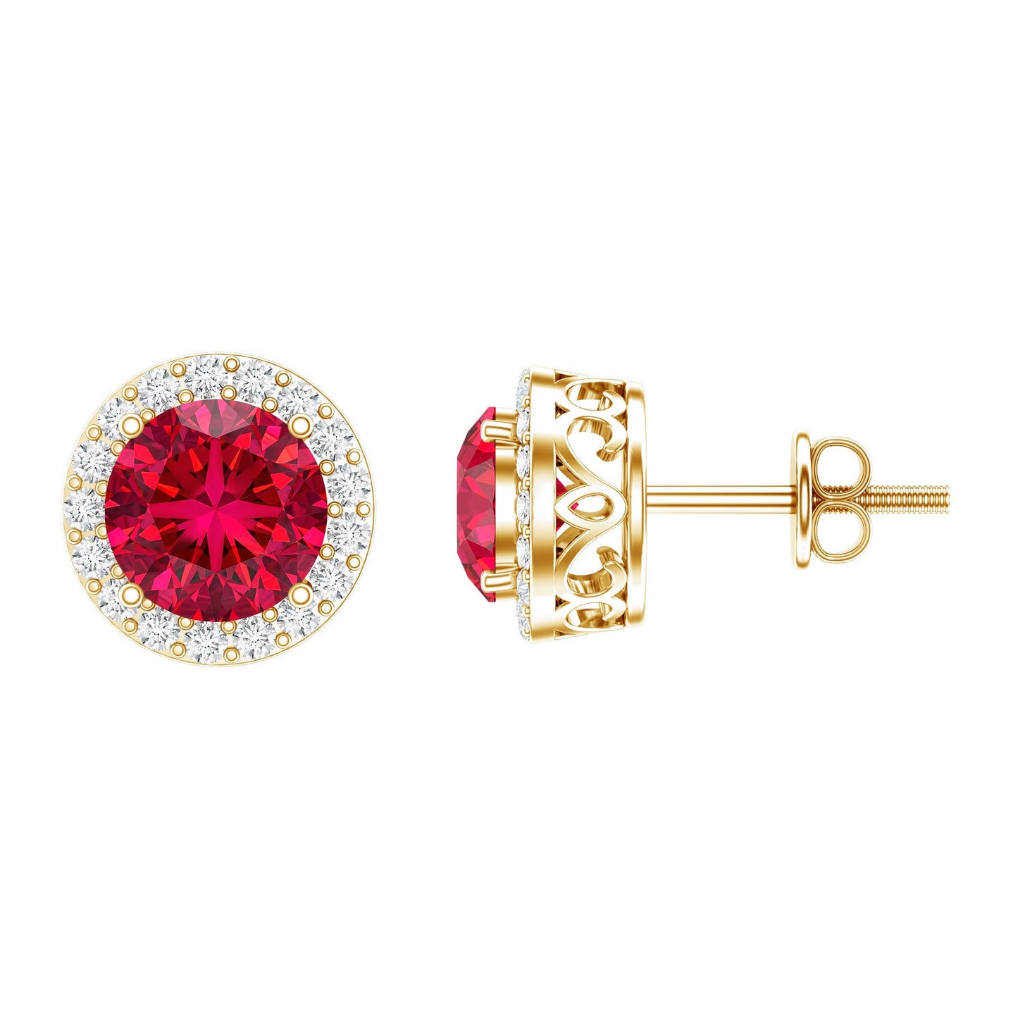 Created Ruby and Diamond Classic Halo Stud Earrings