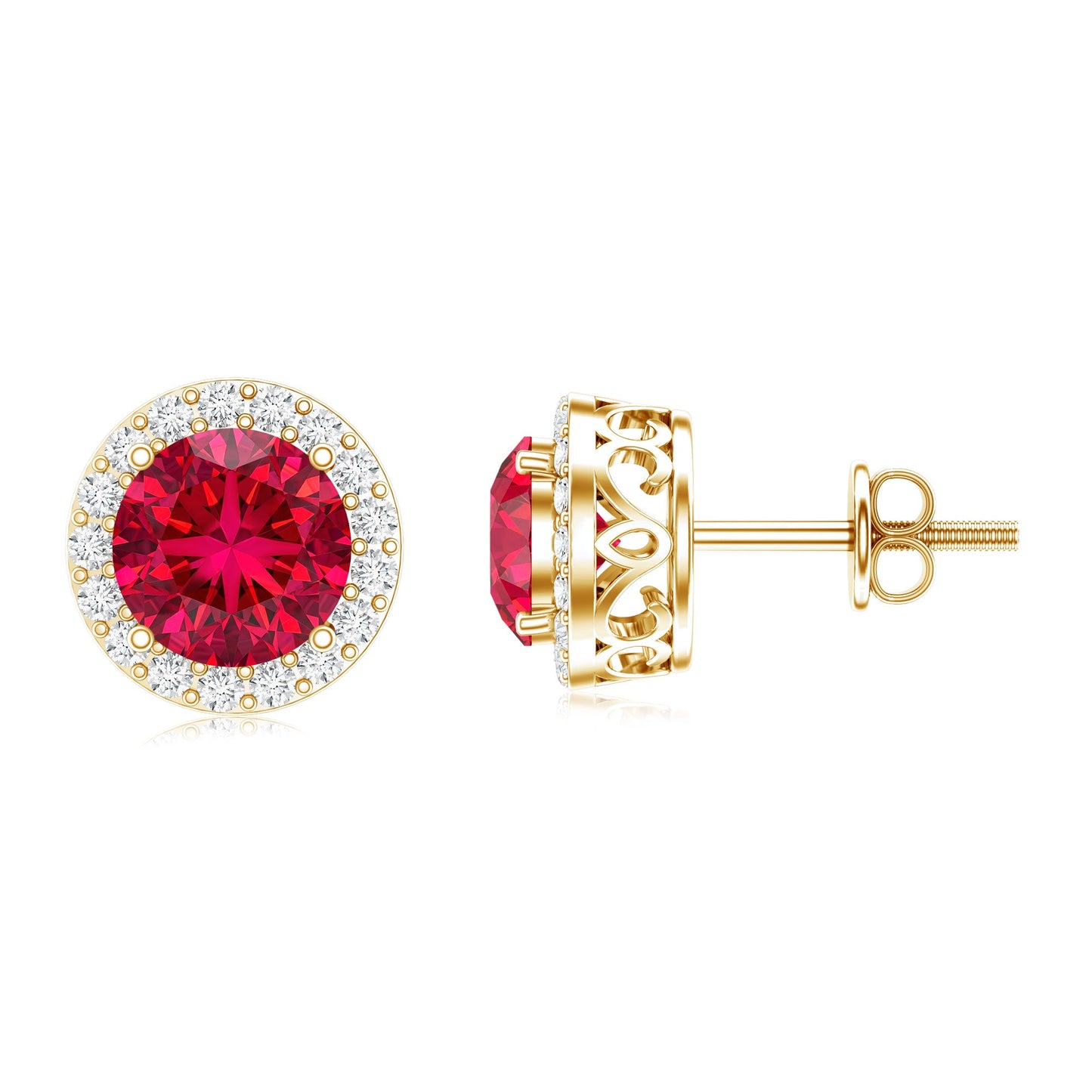 Created Ruby and Diamond Classic Halo Stud Earrings