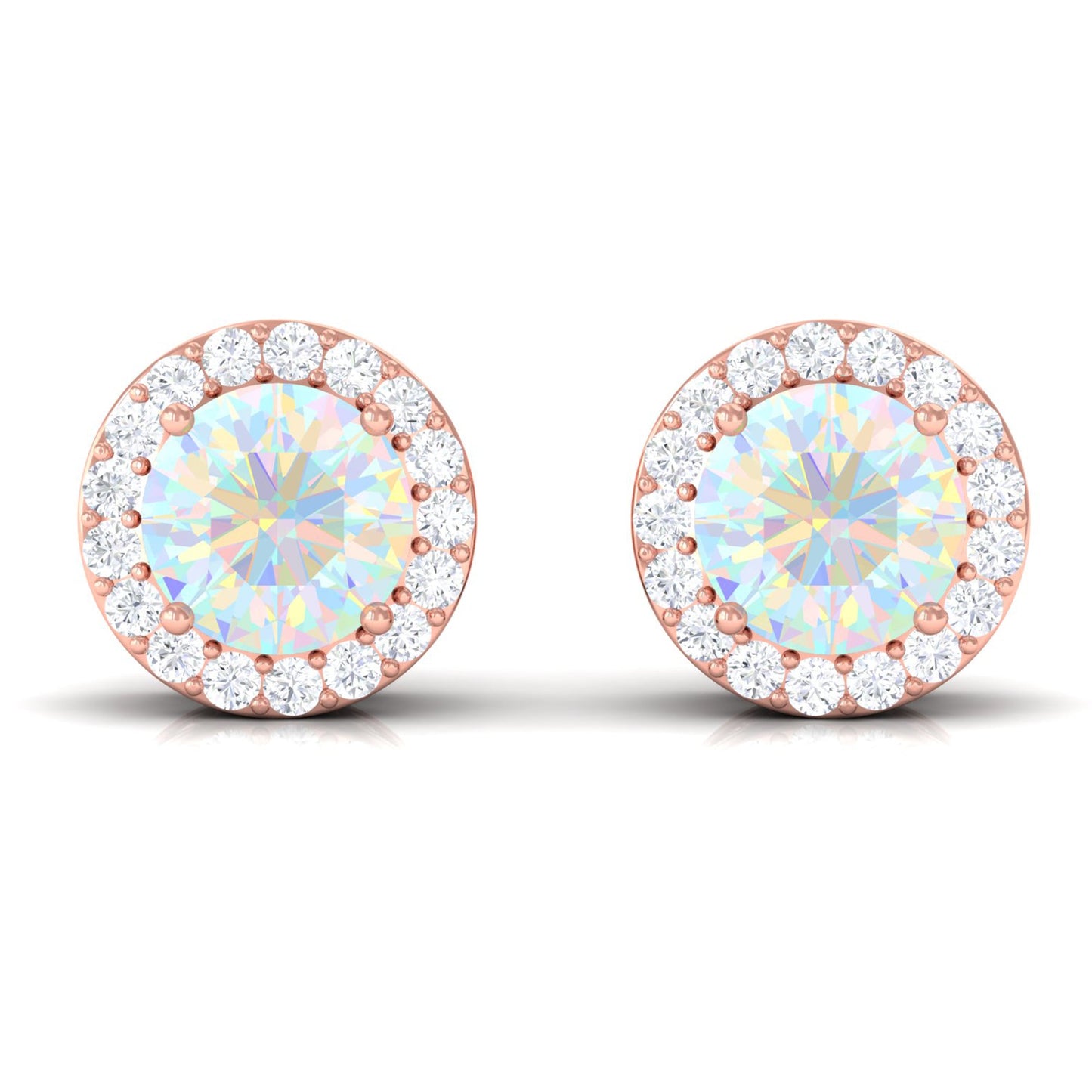1.6 Carat Round Ethiopian Opal Stud Earrings with Diamond Halo in Prong Setting
