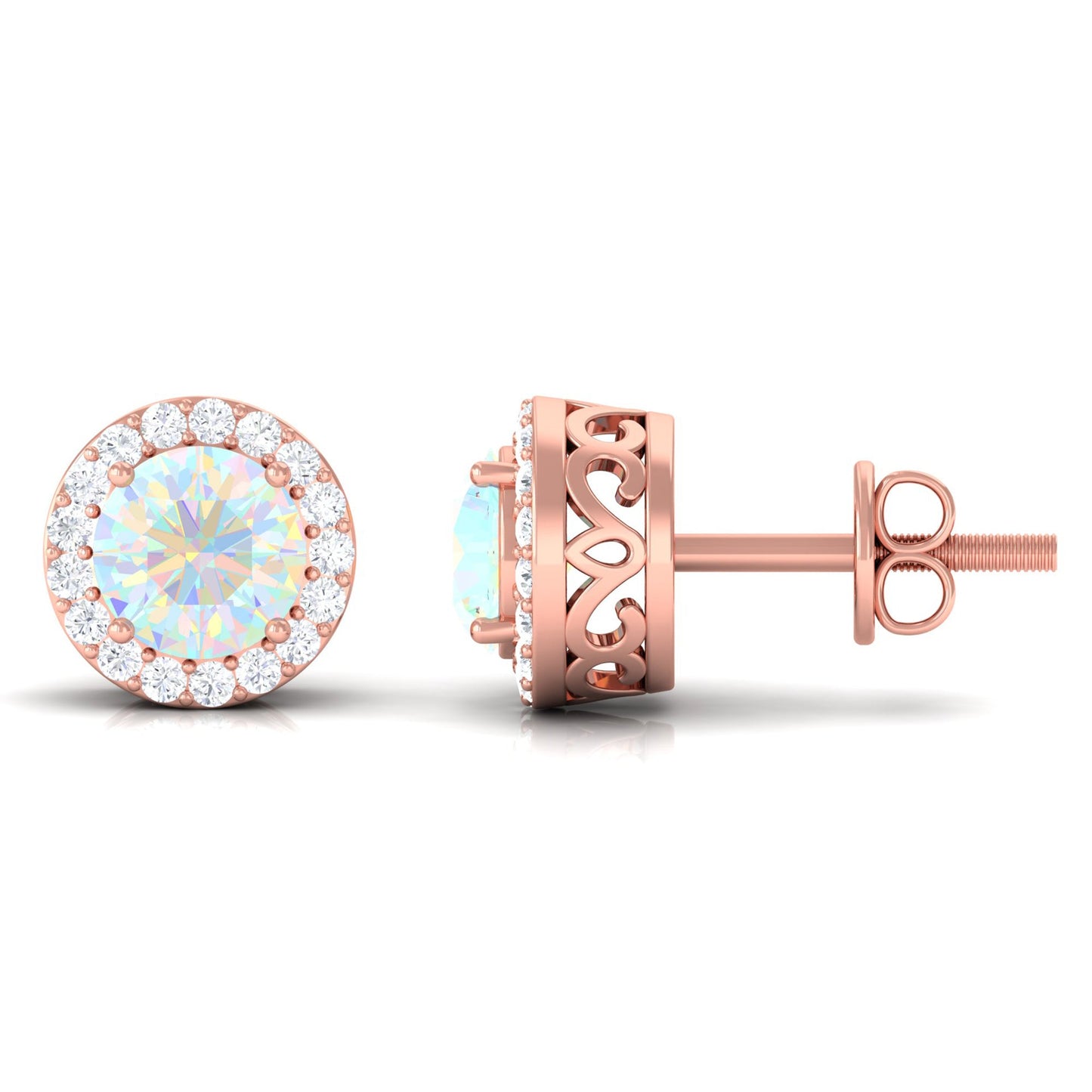 1.6 Carat Round Ethiopian Opal Stud Earrings with Diamond Halo in Prong Setting
