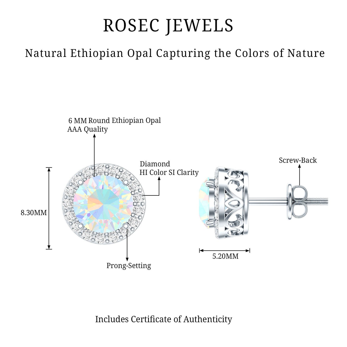 1.6 Carat Round Ethiopian Opal Stud Earrings with Diamond Halo in Prong Setting