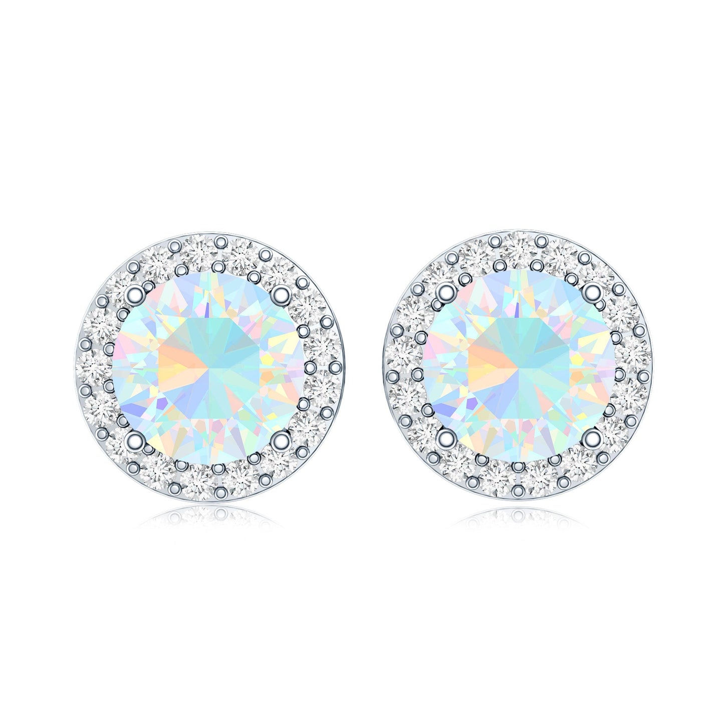 1.6 Carat Round Ethiopian Opal Stud Earrings with Diamond Halo in Prong Setting