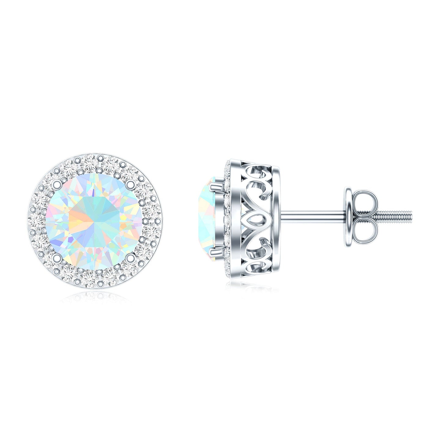 1.6 Carat Round Ethiopian Opal Stud Earrings with Diamond Halo in Prong Setting