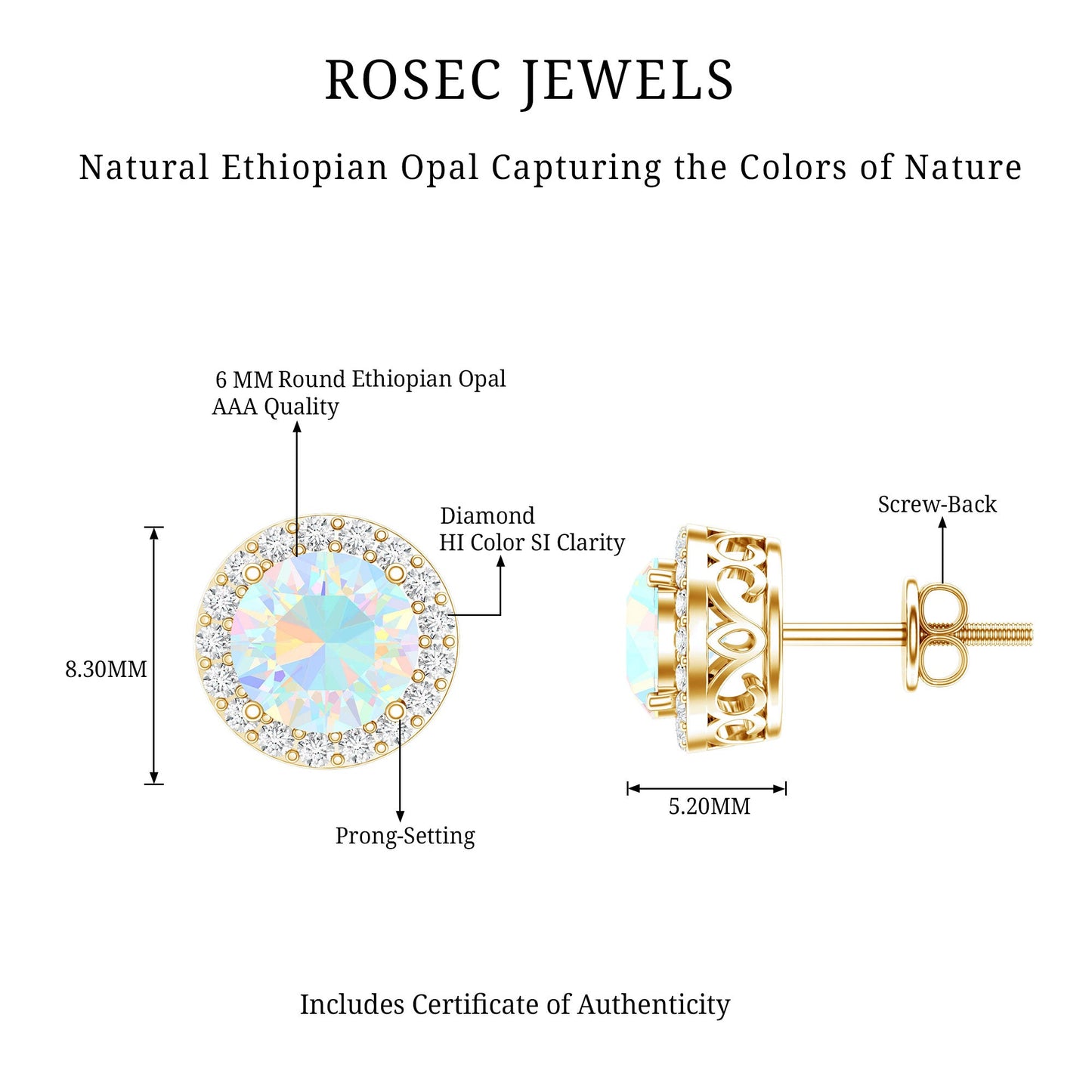 1.6 Carat Round Ethiopian Opal Stud Earrings with Diamond Halo in Prong Setting