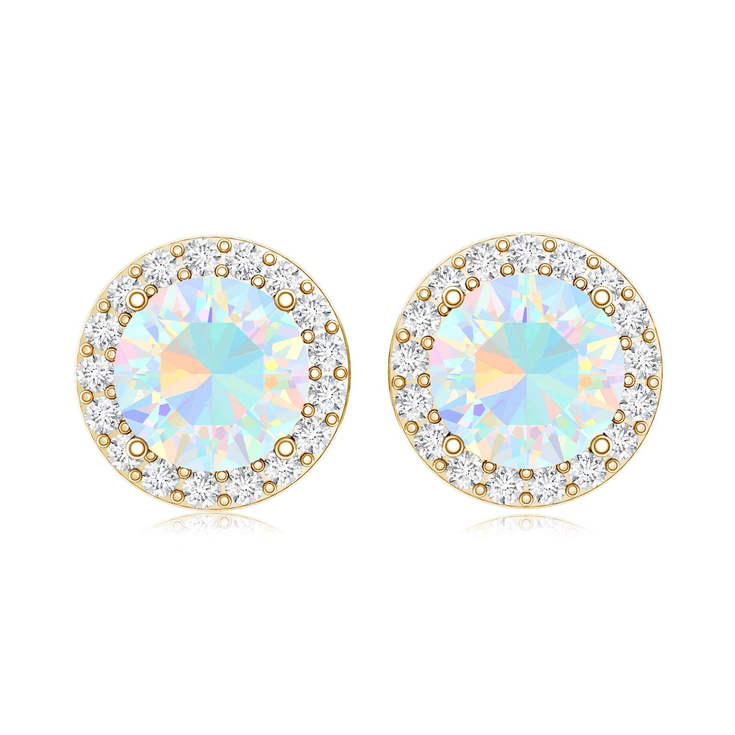1.6 Carat Round Ethiopian Opal Stud Earrings with Diamond Halo in Prong Setting