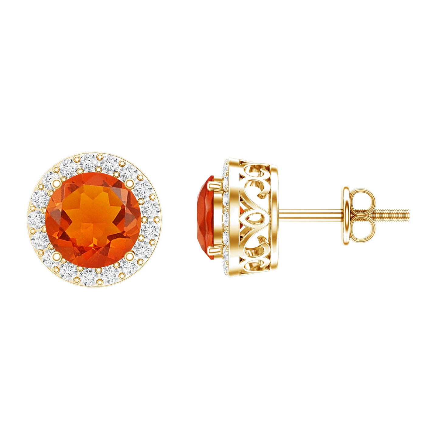 Round Fire Opal Minimal Halo Stud Earrings with Diamond