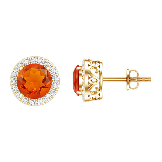 Round Fire Opal Minimal Halo Stud Earrings with Diamond