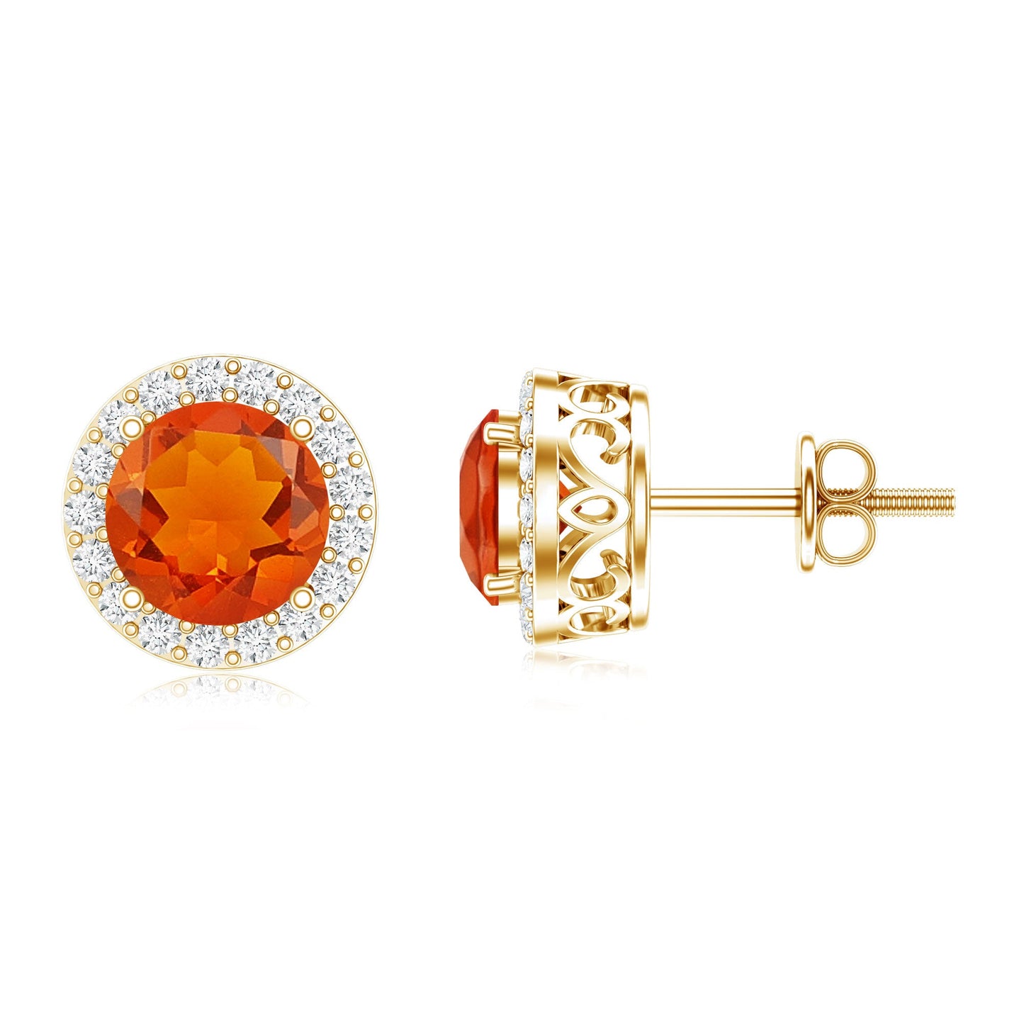 Round Fire Opal Minimal Halo Stud Earrings with Diamond