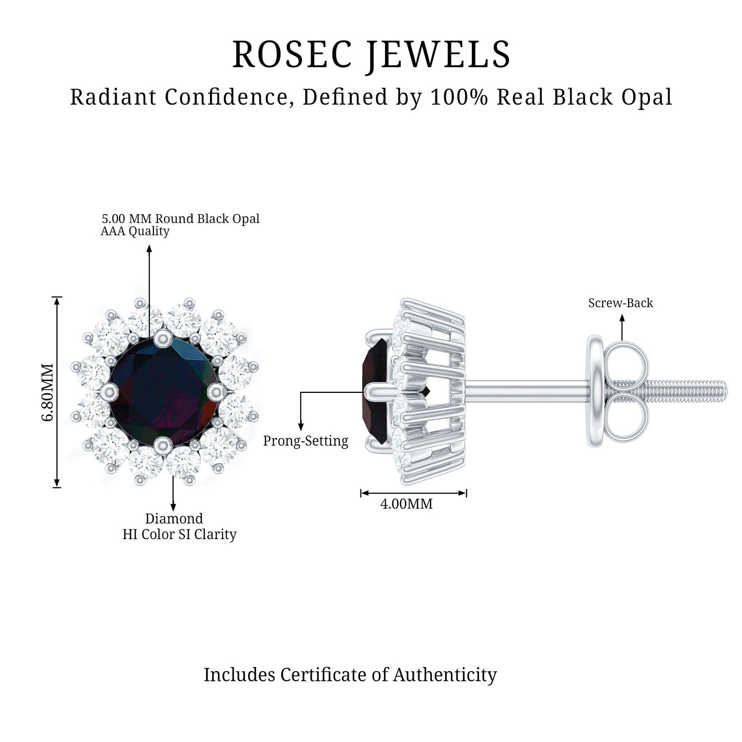 Genuine Black Opal Diamond Earrings with Screw Back