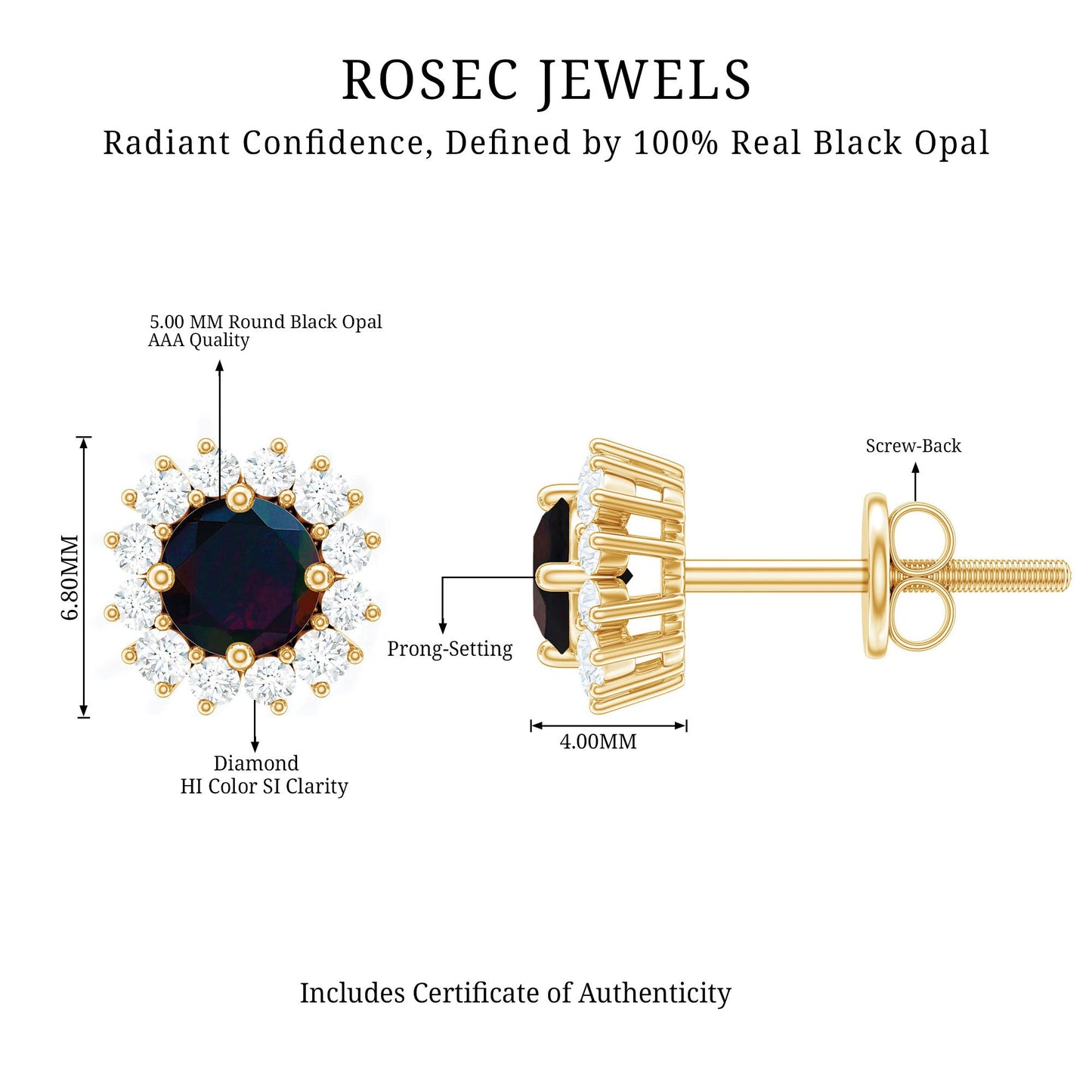 Genuine Black Opal Diamond Earrings with Screw Back