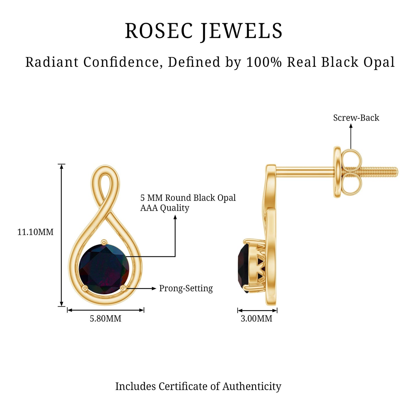 Natural Black Opal Infinity Earrings with Screw Back