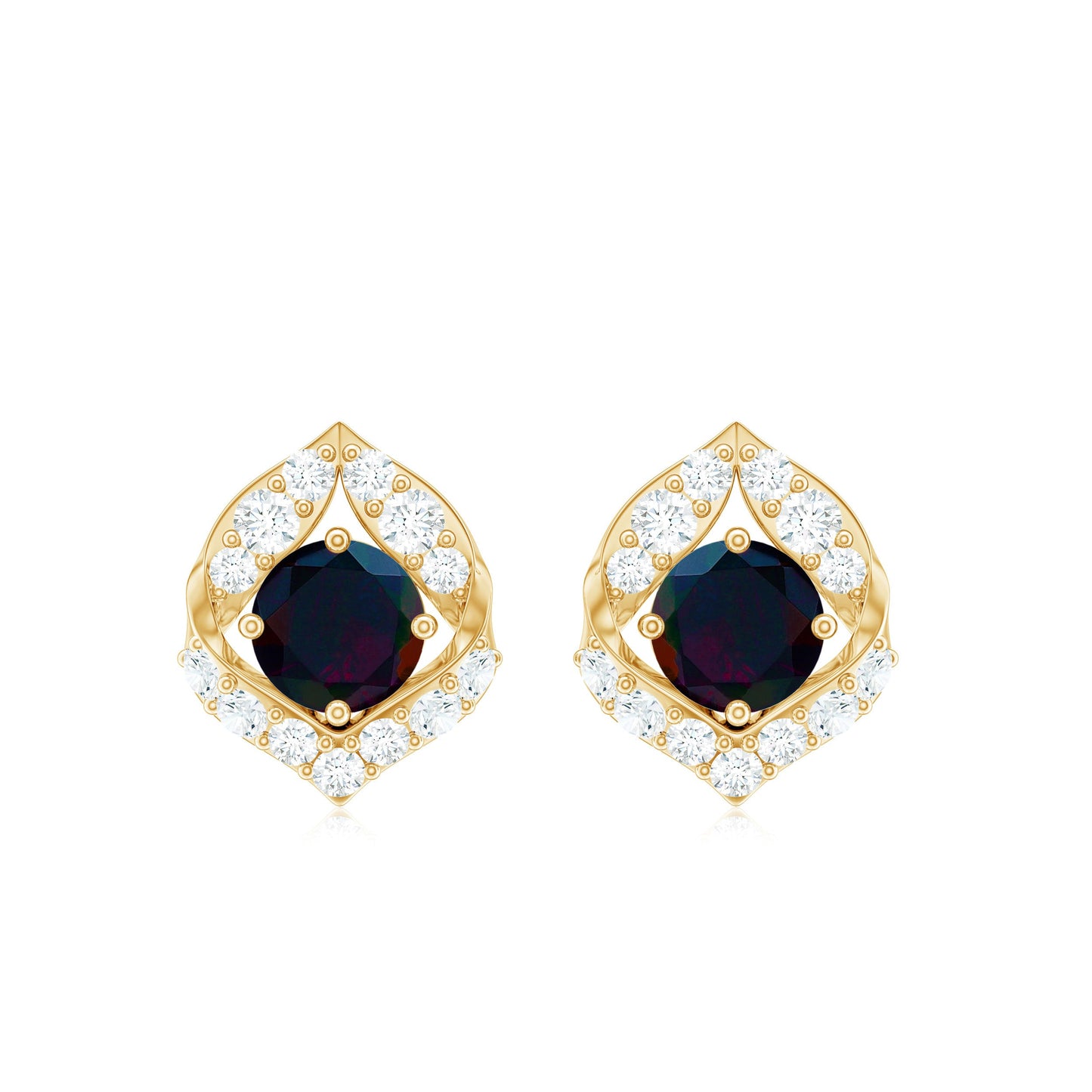 Natural Black Opal Diamond Leaf Earrings with Screw Back