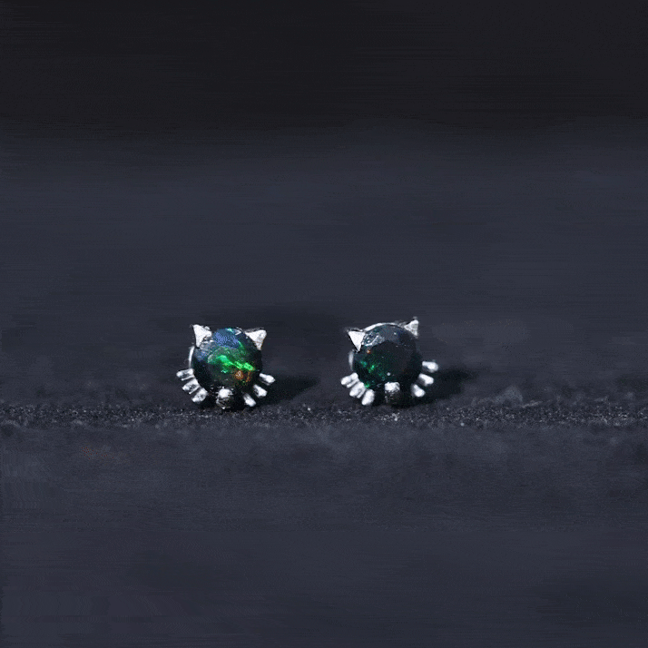 Solitaire Black Opal Cat Stud Earrings with Screw Back