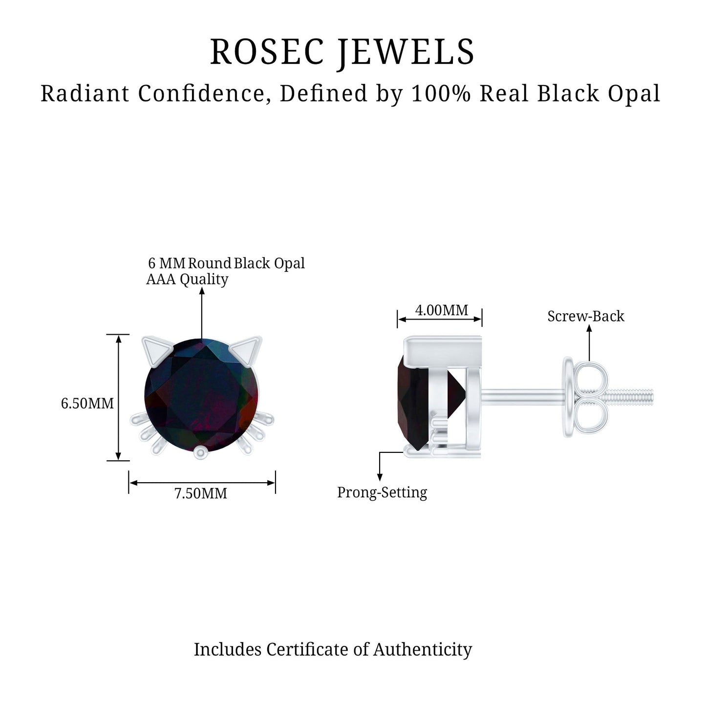 Solitaire Black Opal Cat Stud Earrings with Screw Back