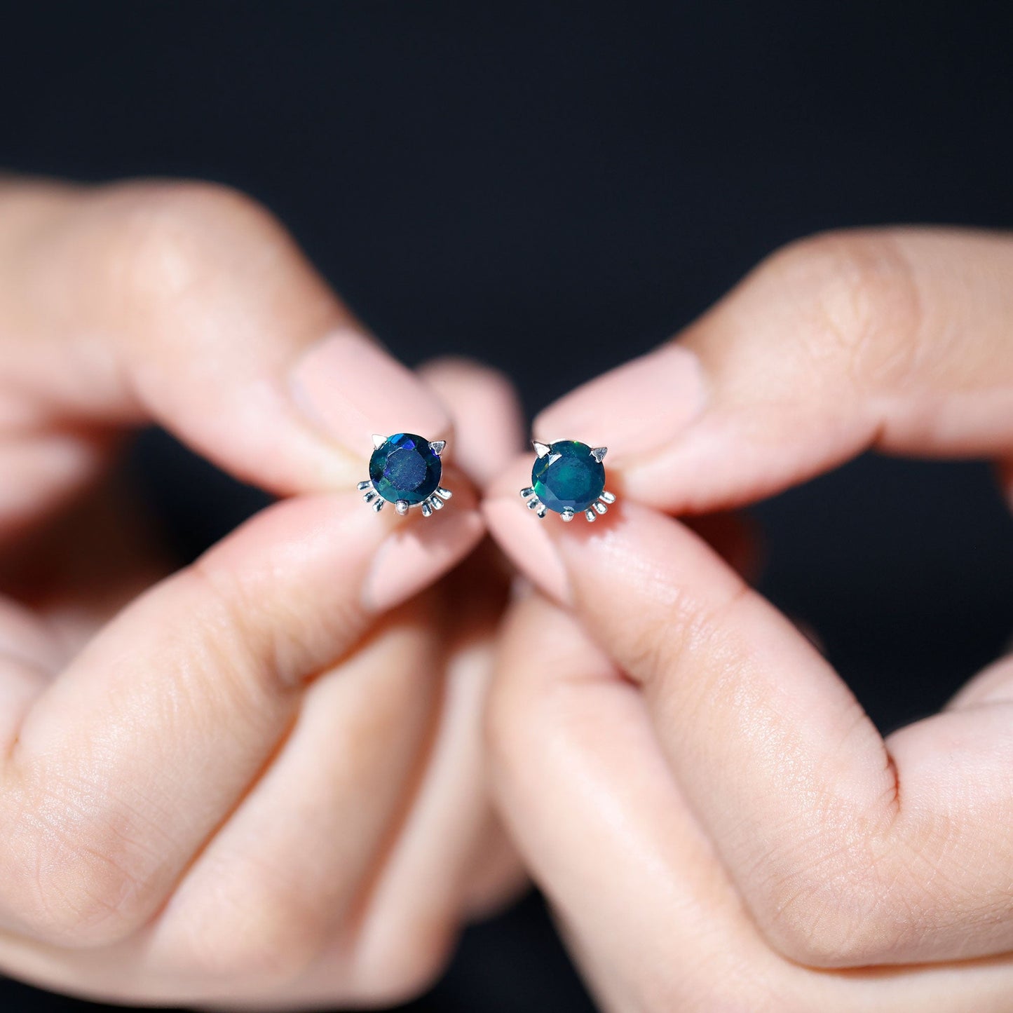 Solitaire Black Opal Cat Stud Earrings with Screw Back