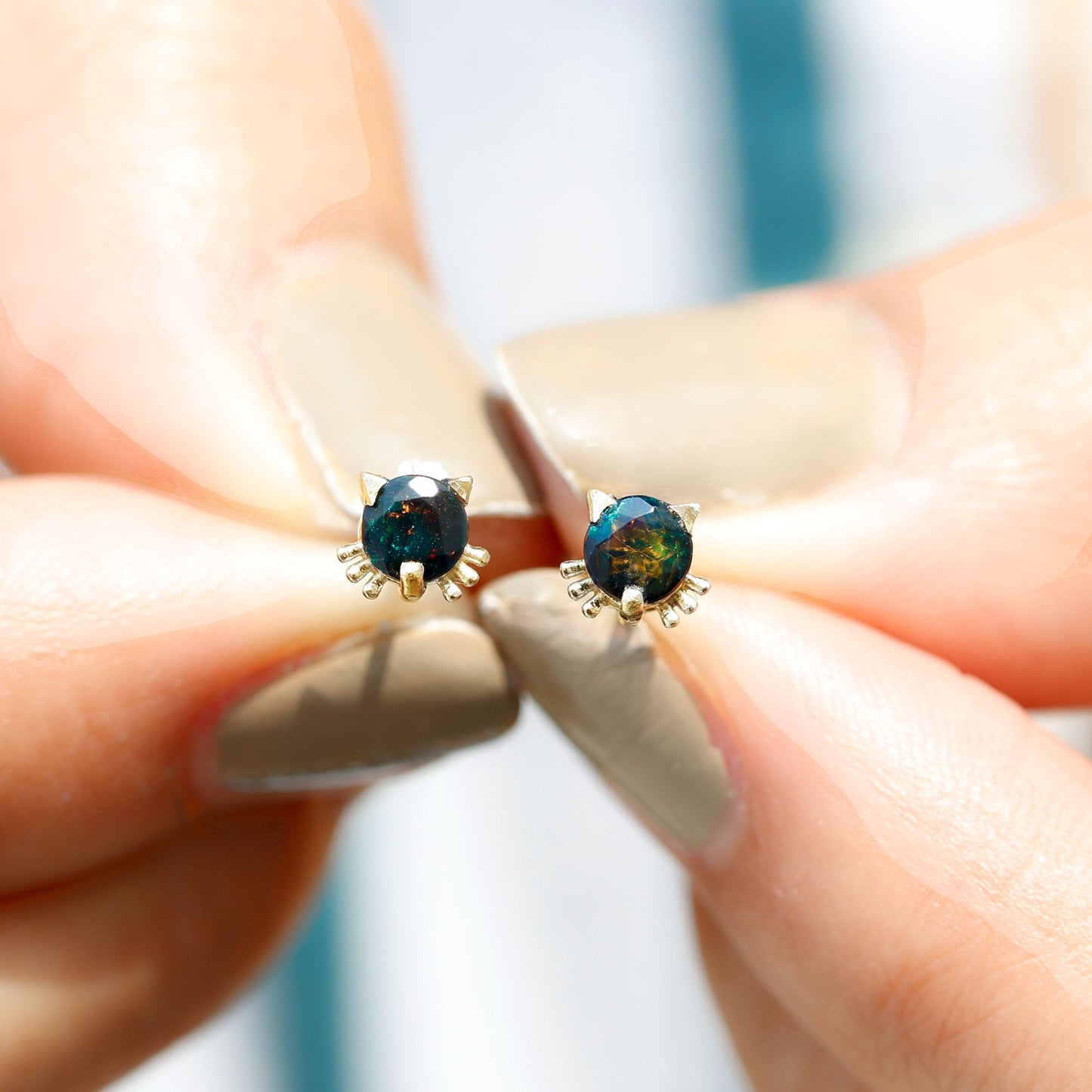 Solitaire Black Opal Cat Stud Earrings with Screw Back