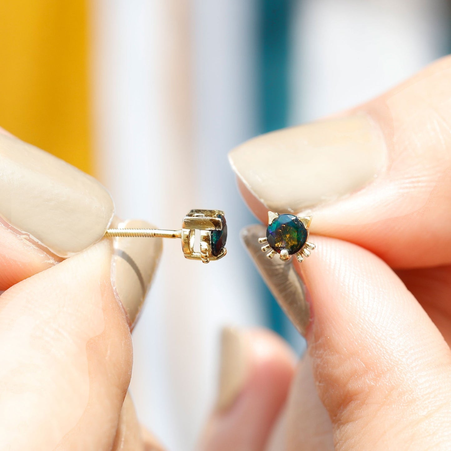 Solitaire Black Opal Cat Stud Earrings with Screw Back