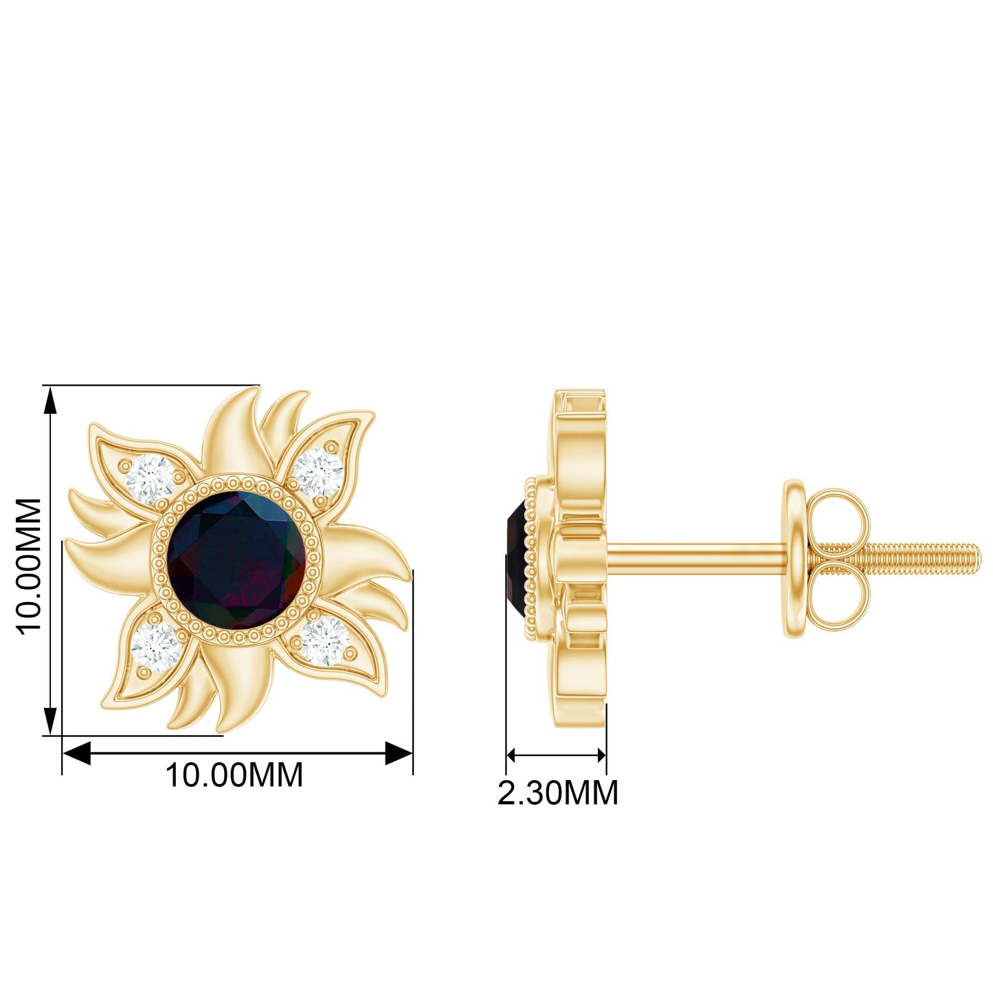 Genuine Black Opal Sunburst Stud Earrings with Diamond