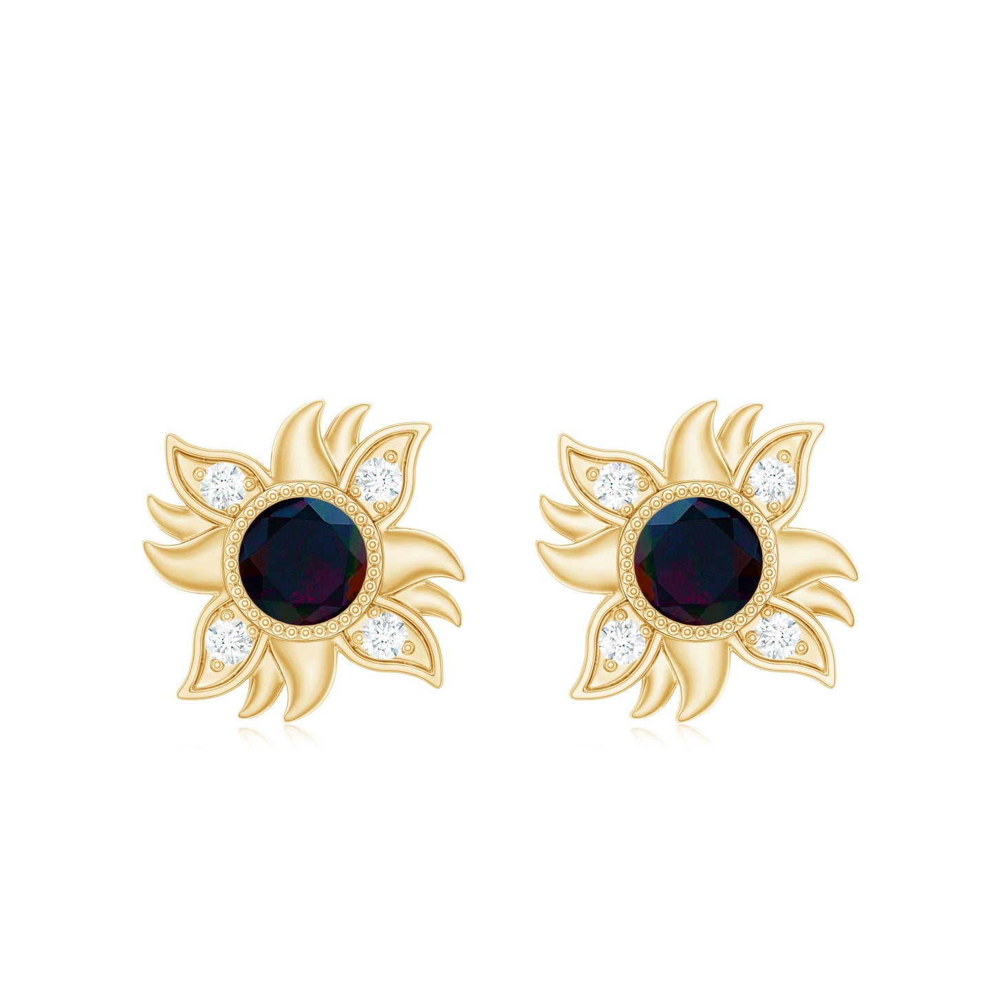 Genuine Black Opal Sunburst Stud Earrings with Diamond