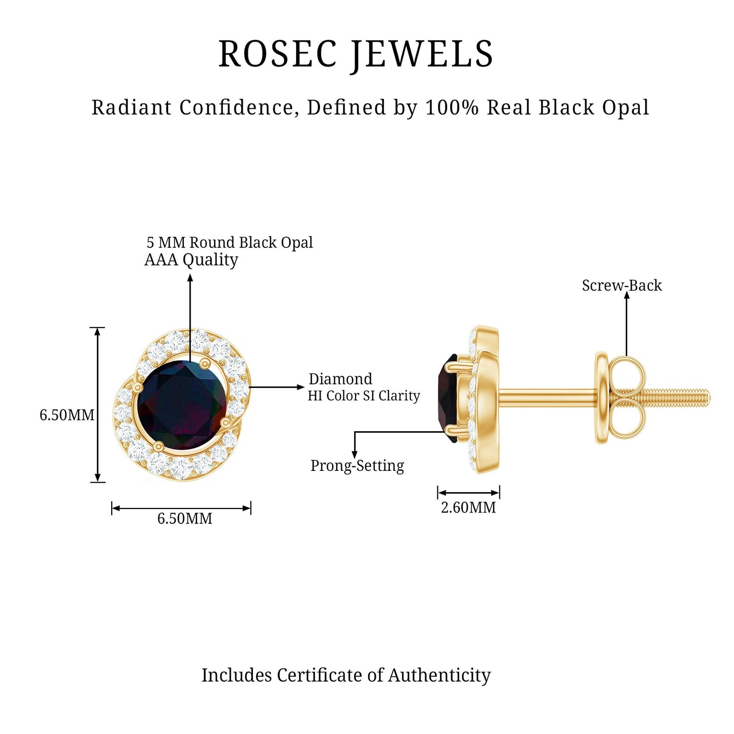 Natural Black Opal Stud Earrings with Diamond