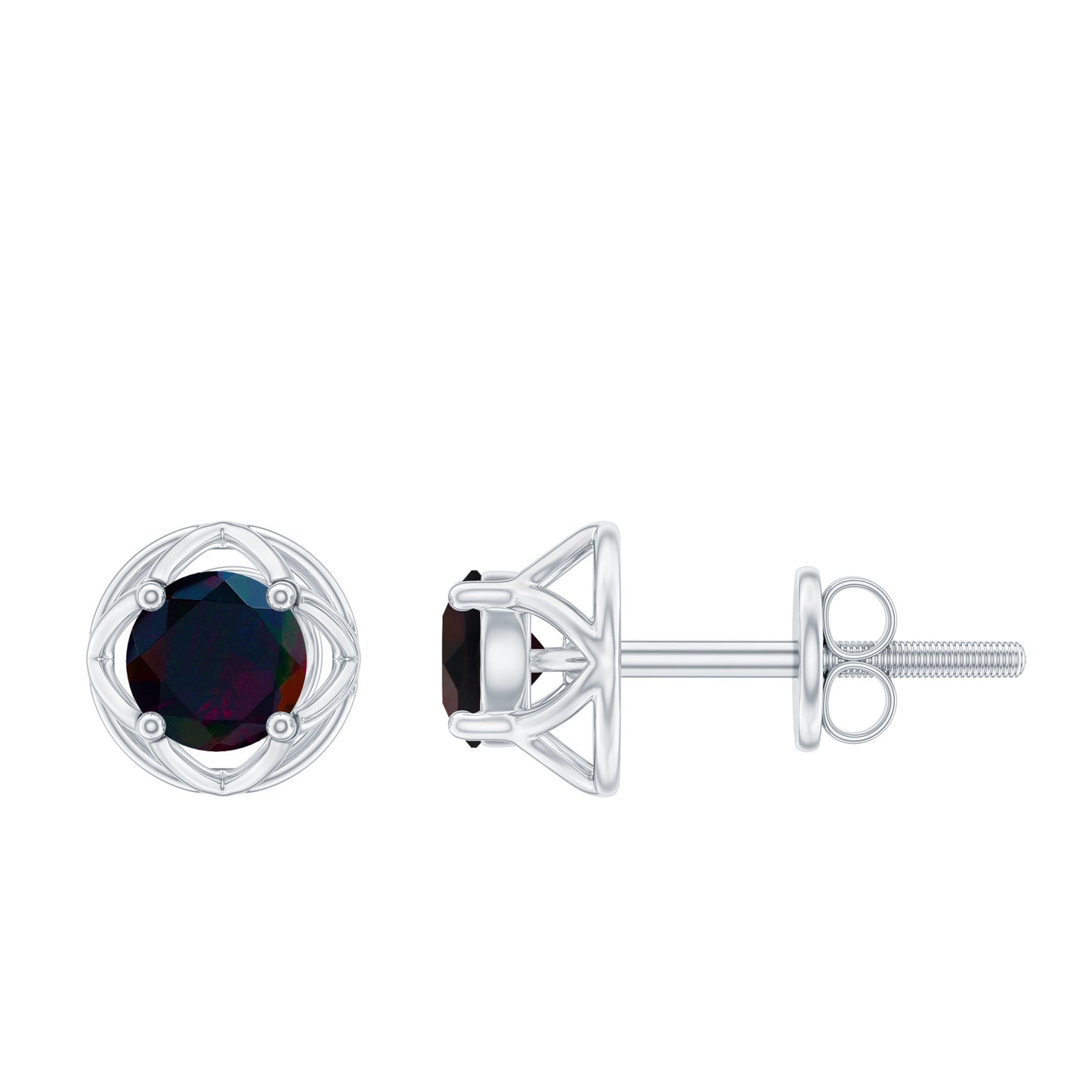 0.9 Carat Round Shape Black Opal Solitaire Floral Stud Earrings