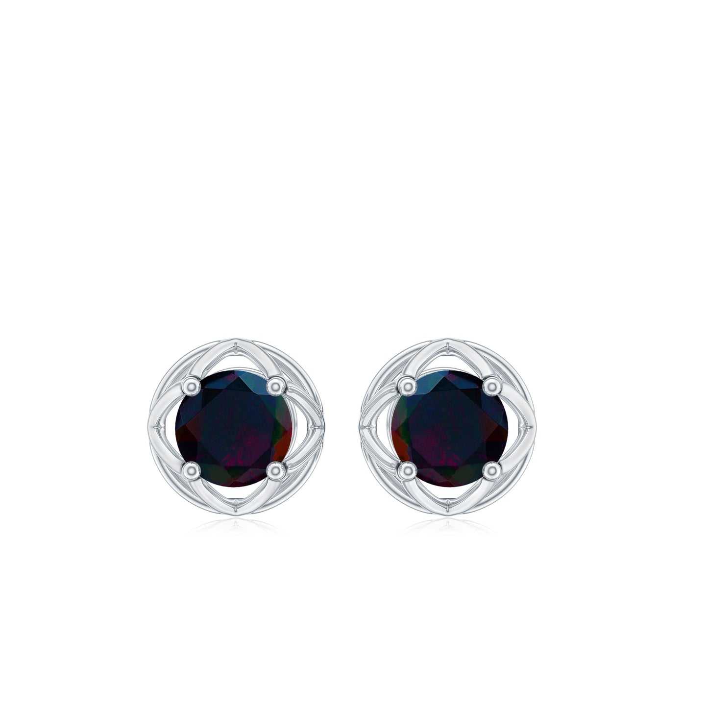 0.9 Carat Round Shape Black Opal Solitaire Floral Stud Earrings