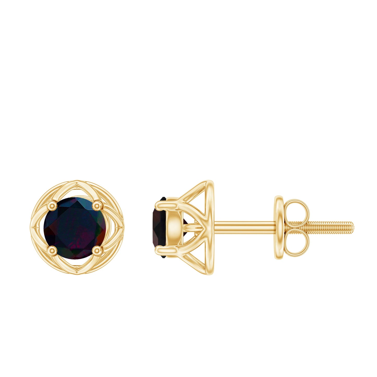 0.9 Carat Round Shape Black Opal Solitaire Floral Stud Earrings
