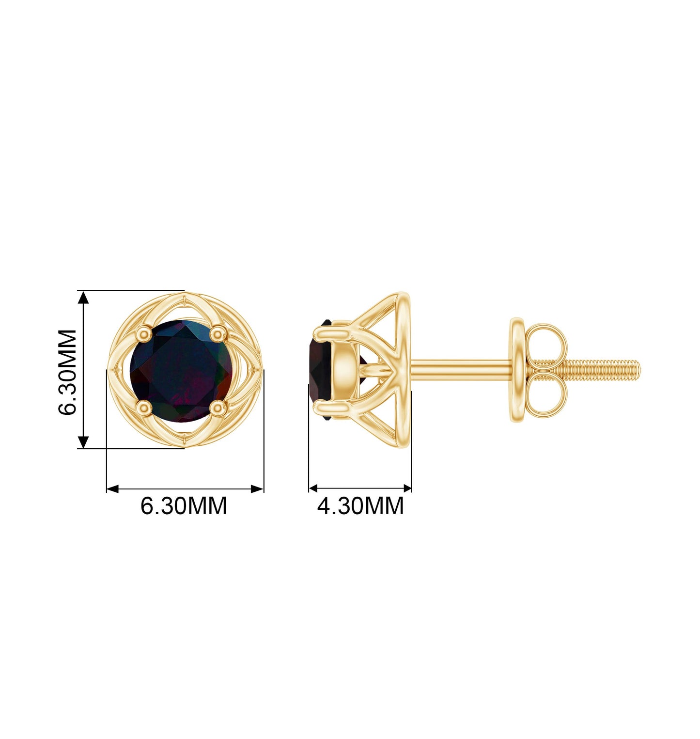 0.9 Carat Round Shape Black Opal Solitaire Floral Stud Earrings