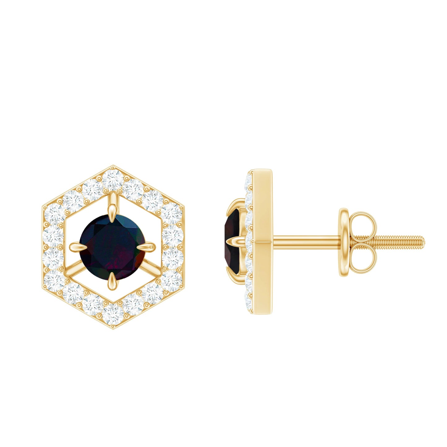 0.9 Carat Black Opal and Diamond Geometric Stud Earrings