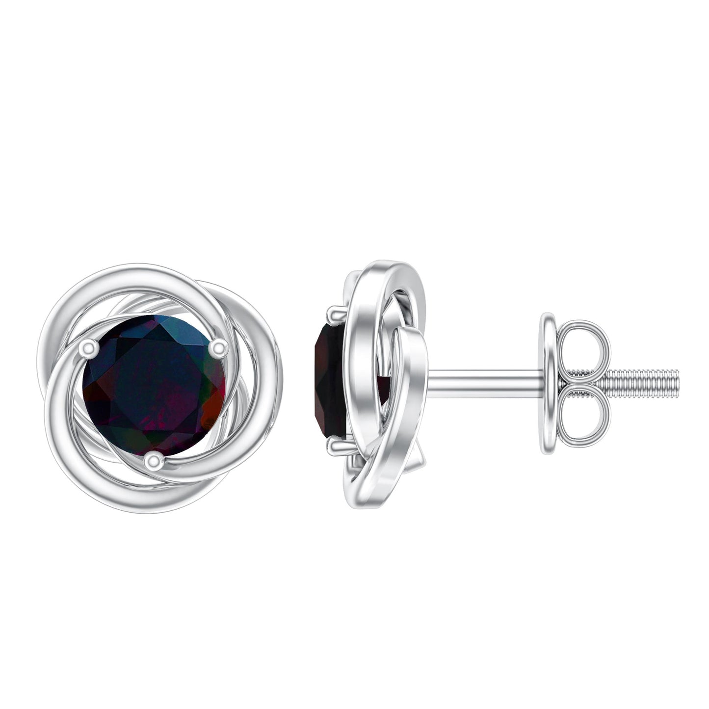 Natural Black Opal Solitaire Swirl Stud Earrings