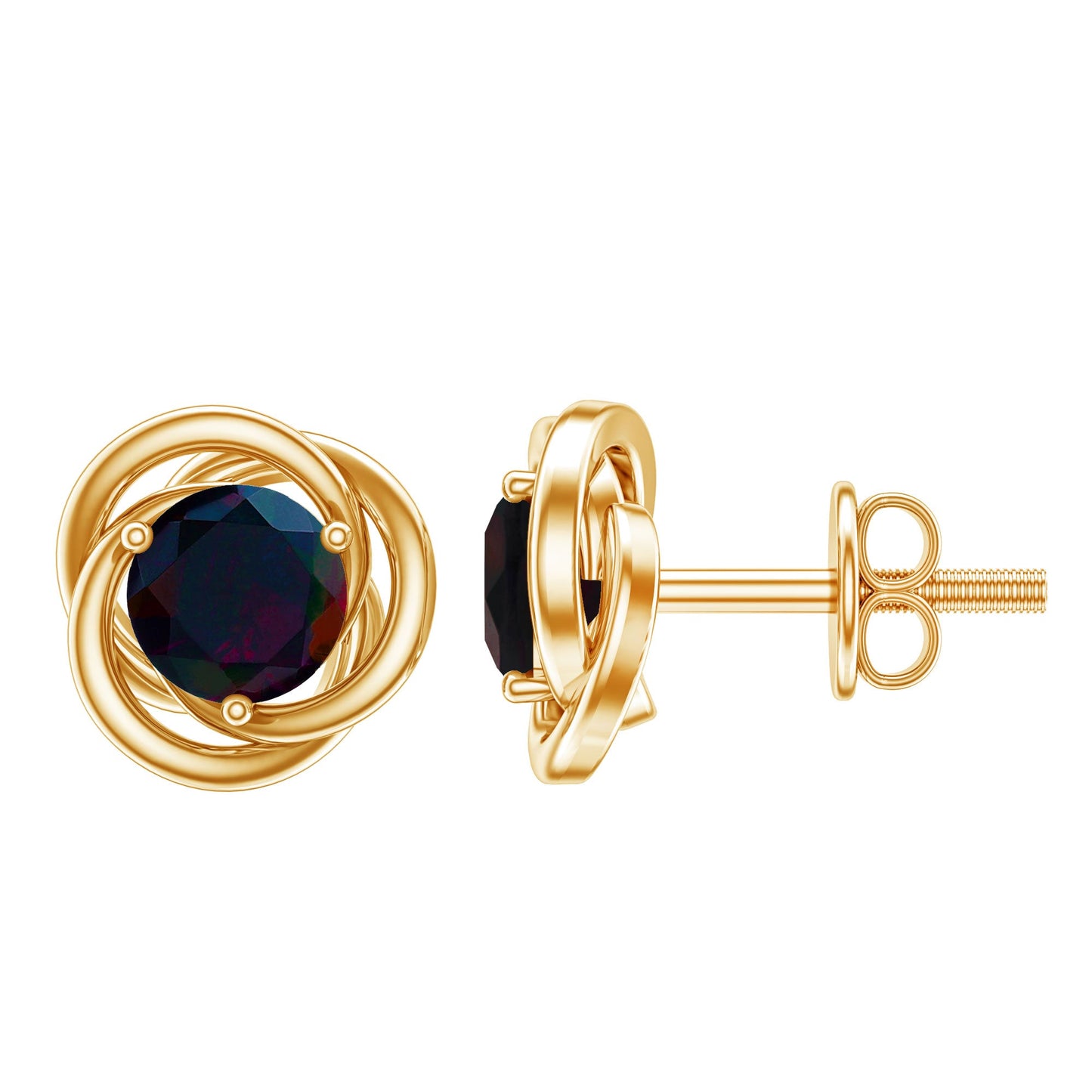 Natural Black Opal Solitaire Swirl Stud Earrings