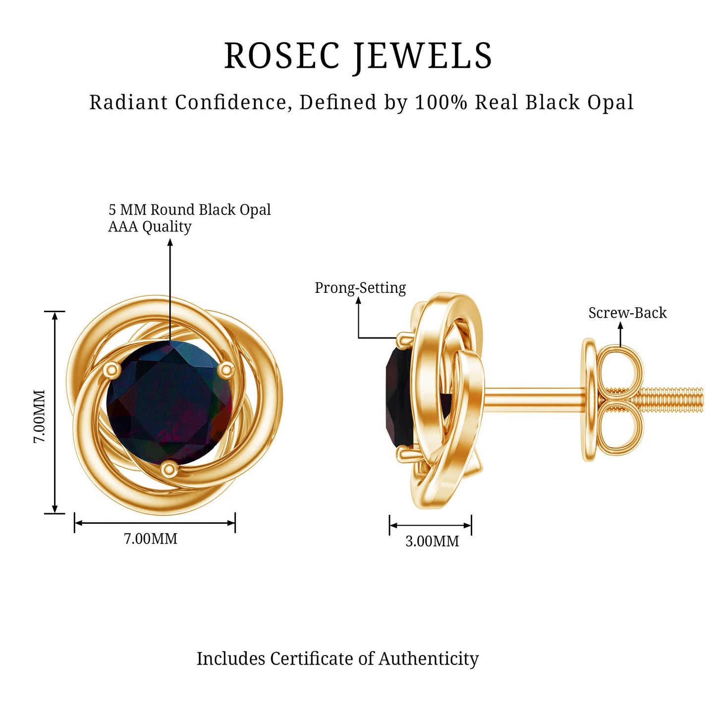 Natural Black Opal Solitaire Swirl Stud Earrings