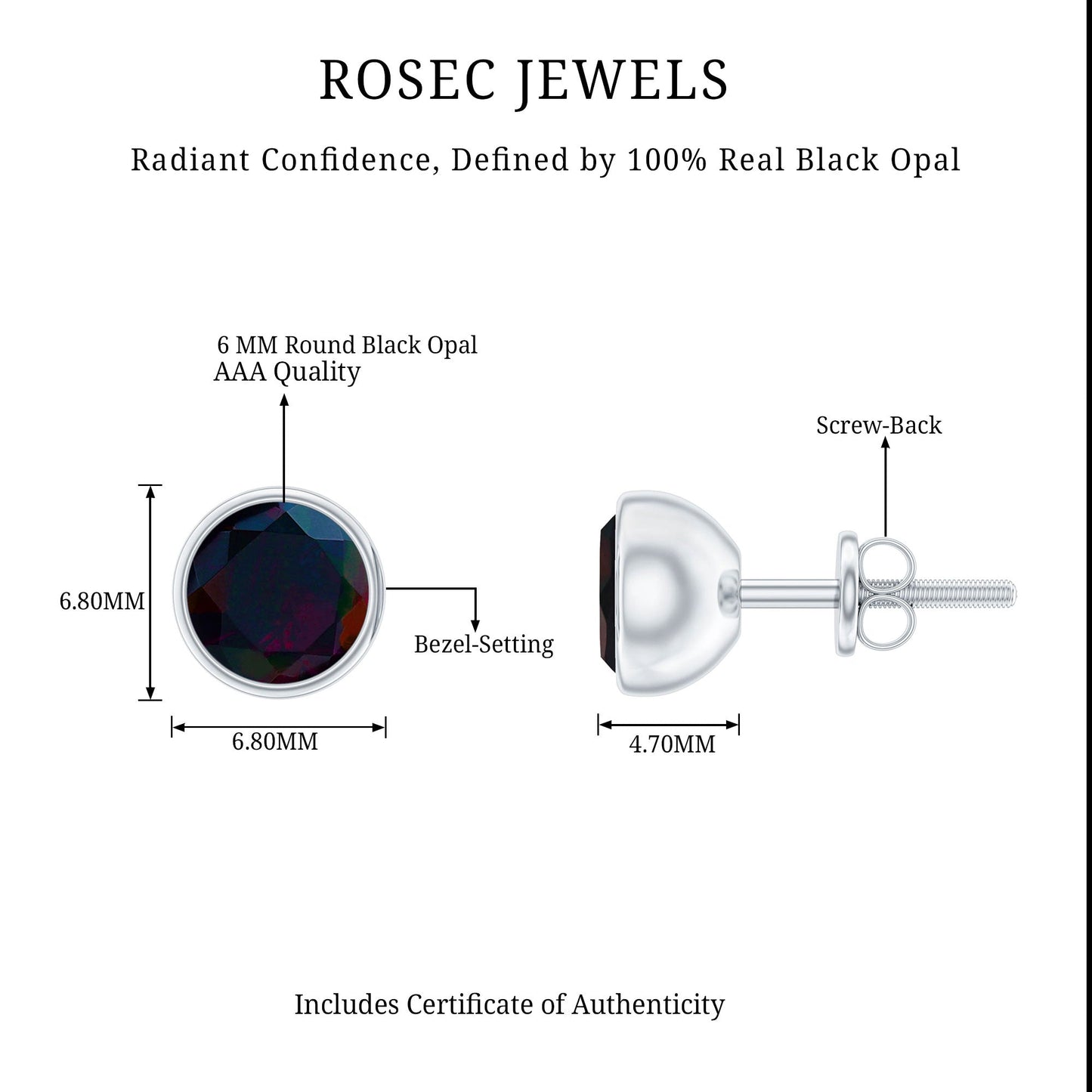 Bezel Set 1.6 Carat Black Opal Stud Earrings with Certificate