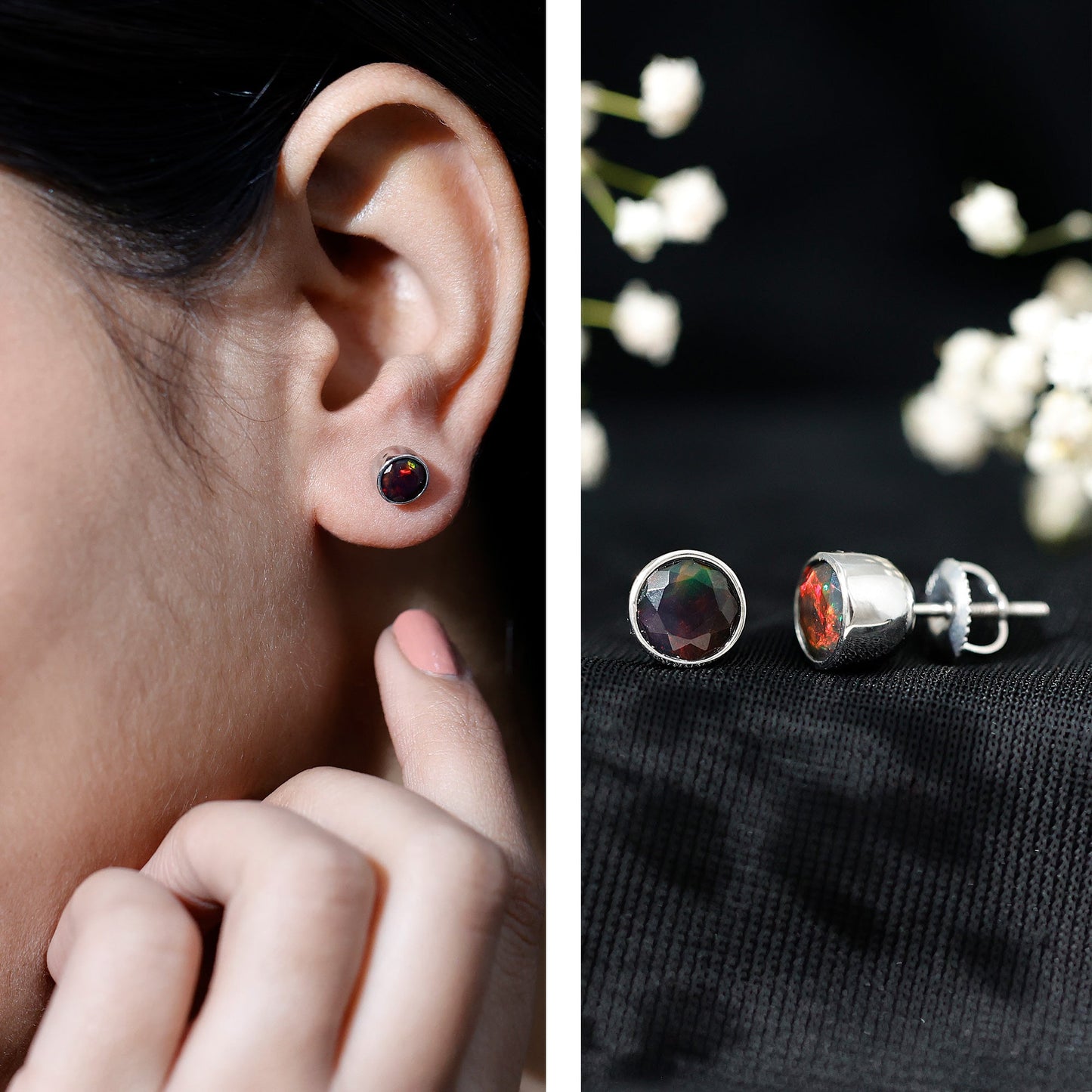 Bezel Set 1.6 Carat Black Opal Stud Earrings with Certificate