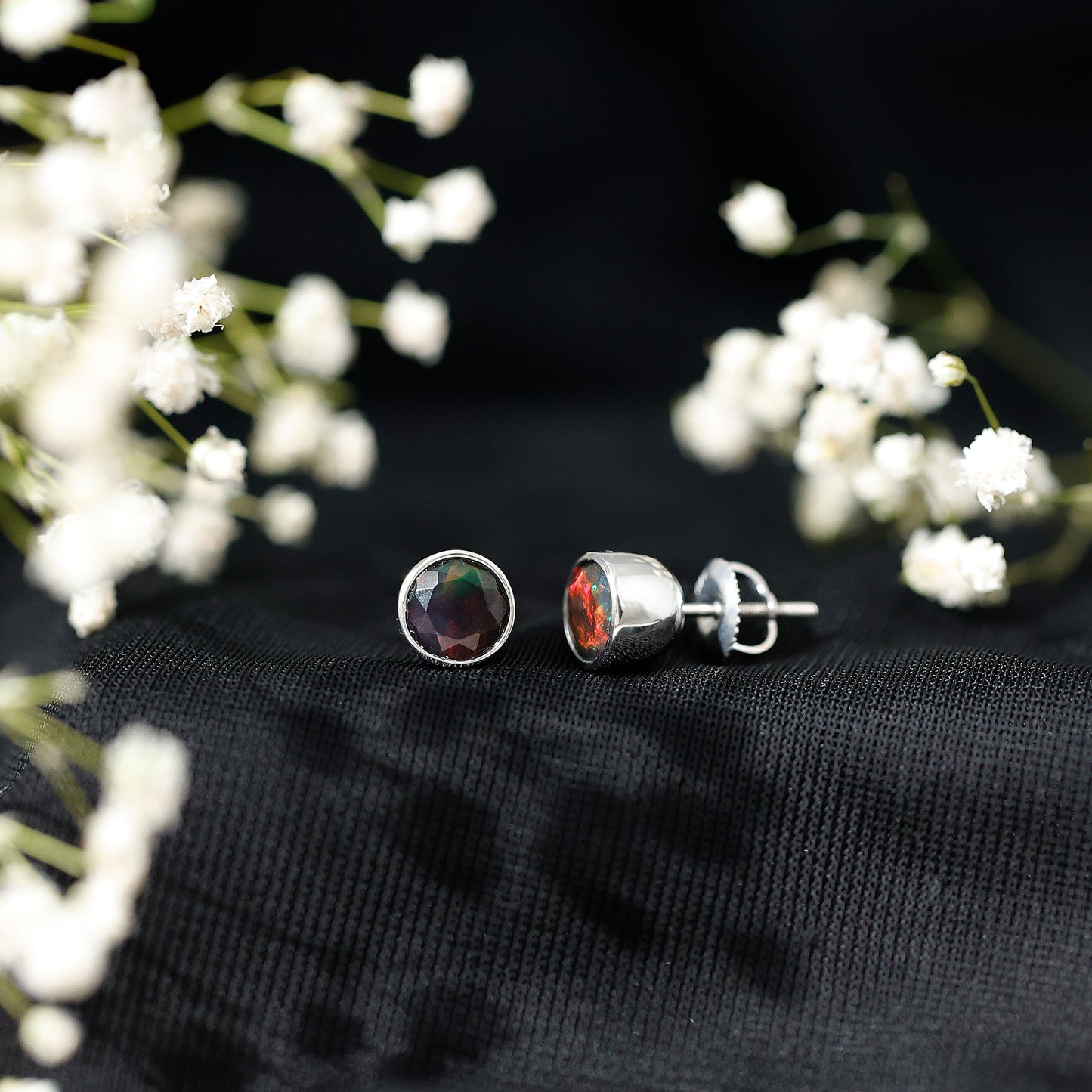 Bezel Set 1.6 Carat Black Opal Stud Earrings with Certificate