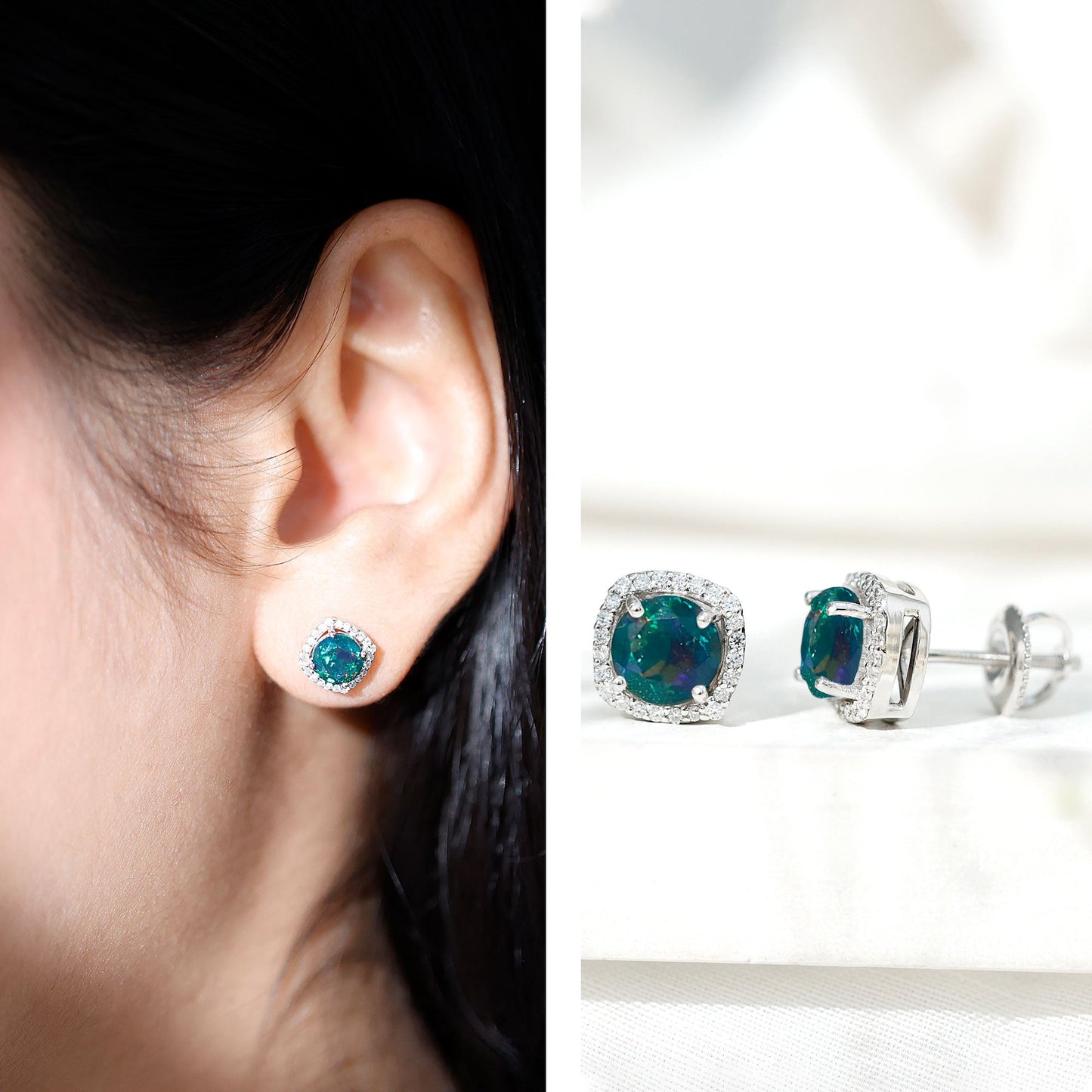 Round Shape Black Opal Stud Earrings with Moissanite Halo