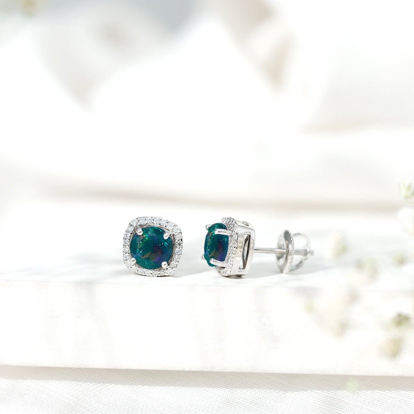 Round Shape Black Opal Stud Earrings with Moissanite Halo