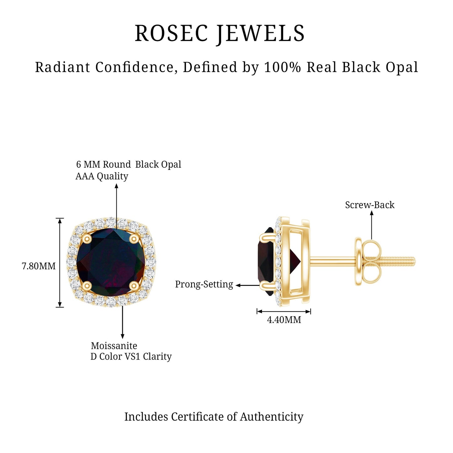Round Shape Black Opal Stud Earrings with Moissanite Halo