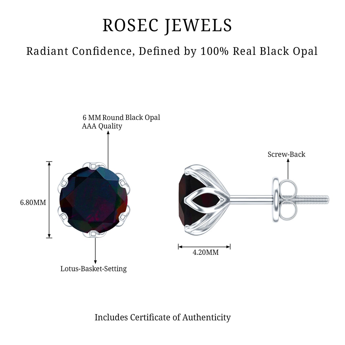 1.6 Carat Round Shape Black Opal Solitaire Stud Earrings