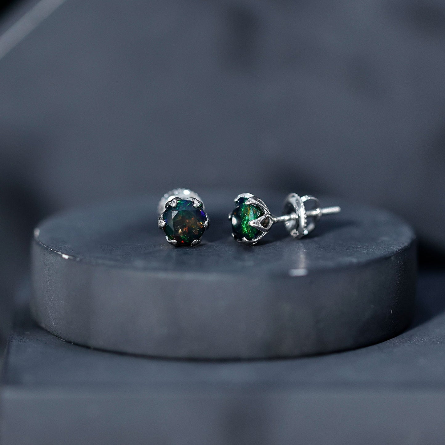 1.6 Carat Round Shape Black Opal Solitaire Stud Earrings
