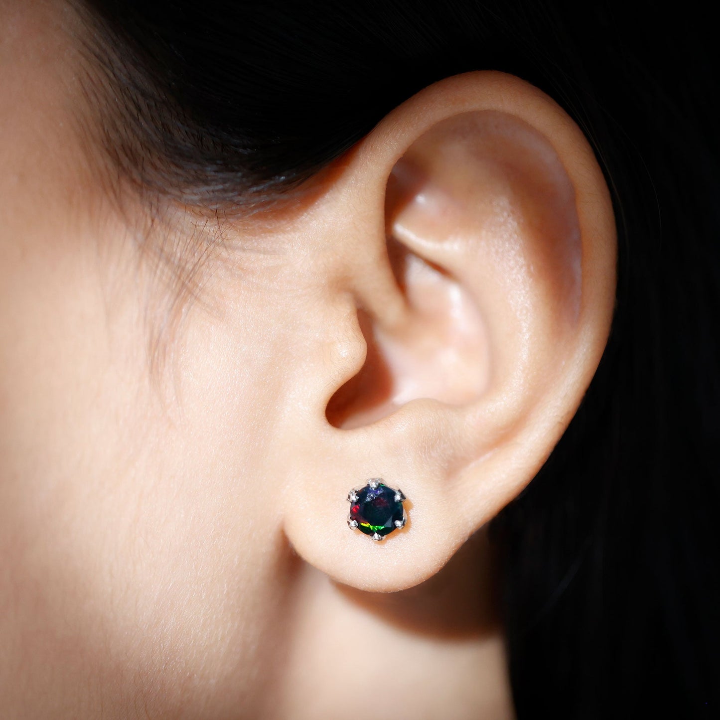 1.6 Carat Round Shape Black Opal Solitaire Stud Earrings