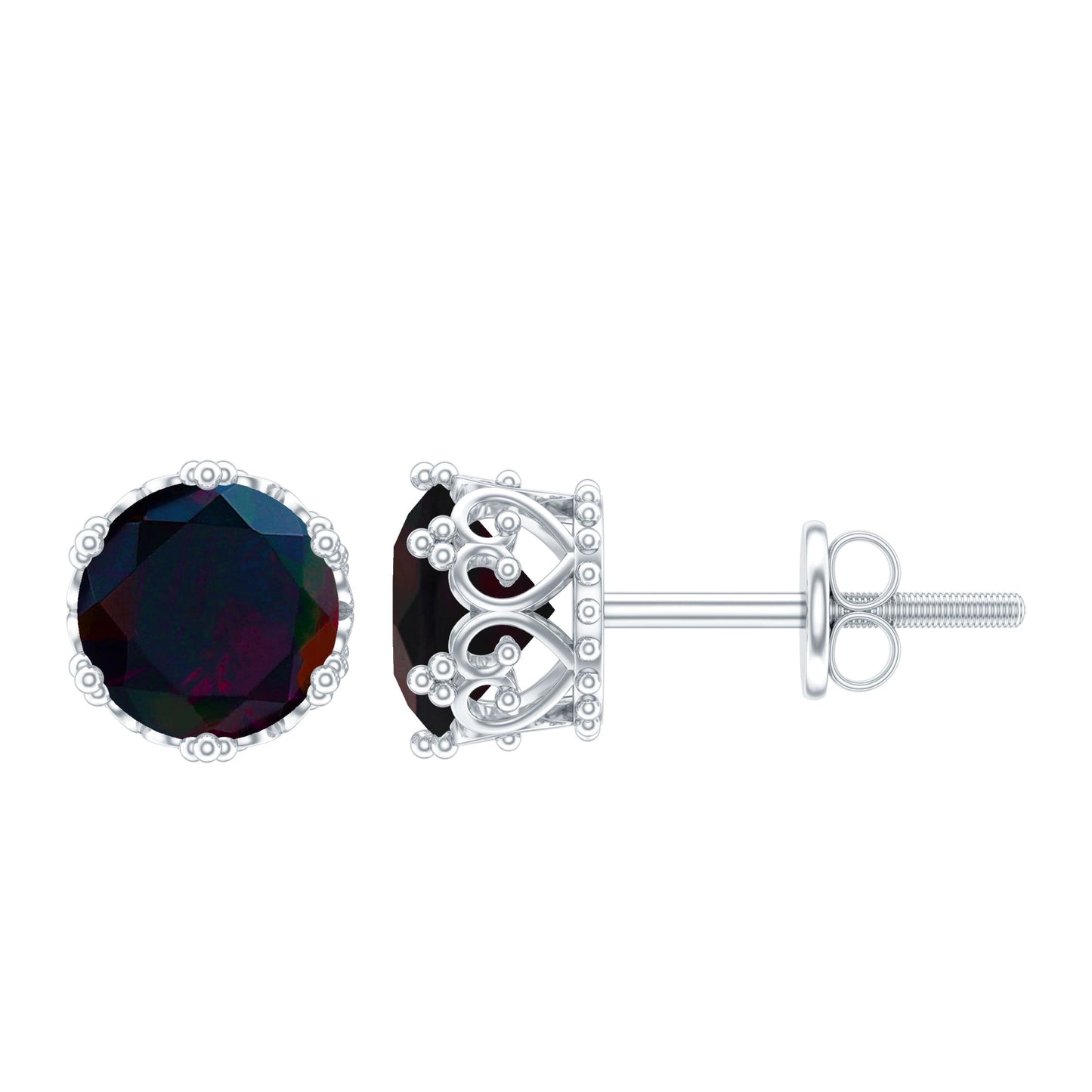Natural Black Opal Crown Stud Earrings with Screw Back