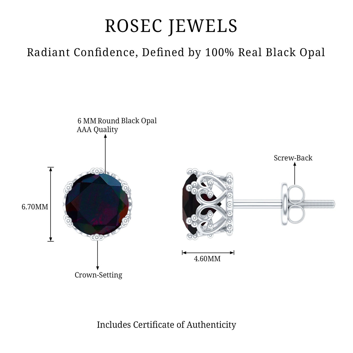 Natural Black Opal Crown Stud Earrings with Screw Back